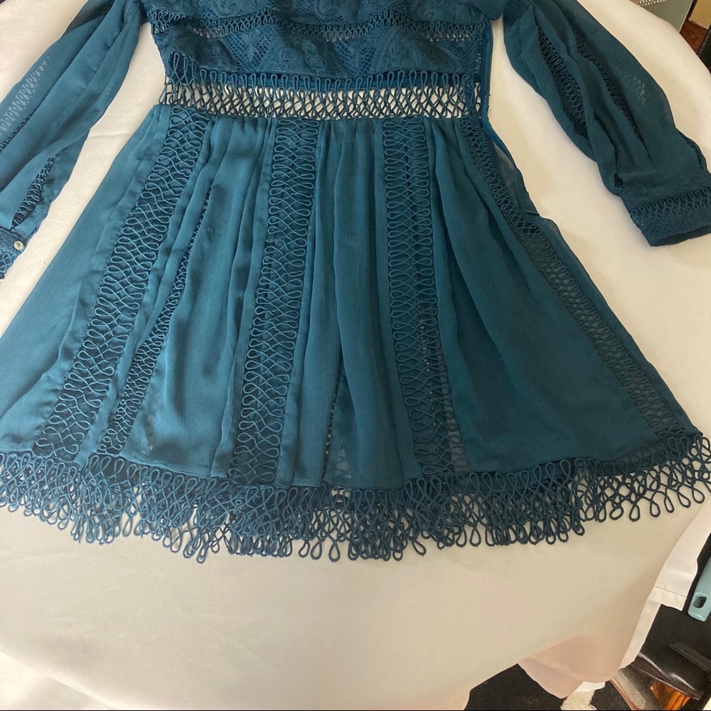 Eri + Ari Teal Chalene Lace Skater Sheer Embroidered Dress Long Sleeve - Picture 8 of 14
